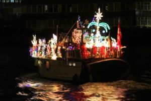 Ship decorated with christmas lights